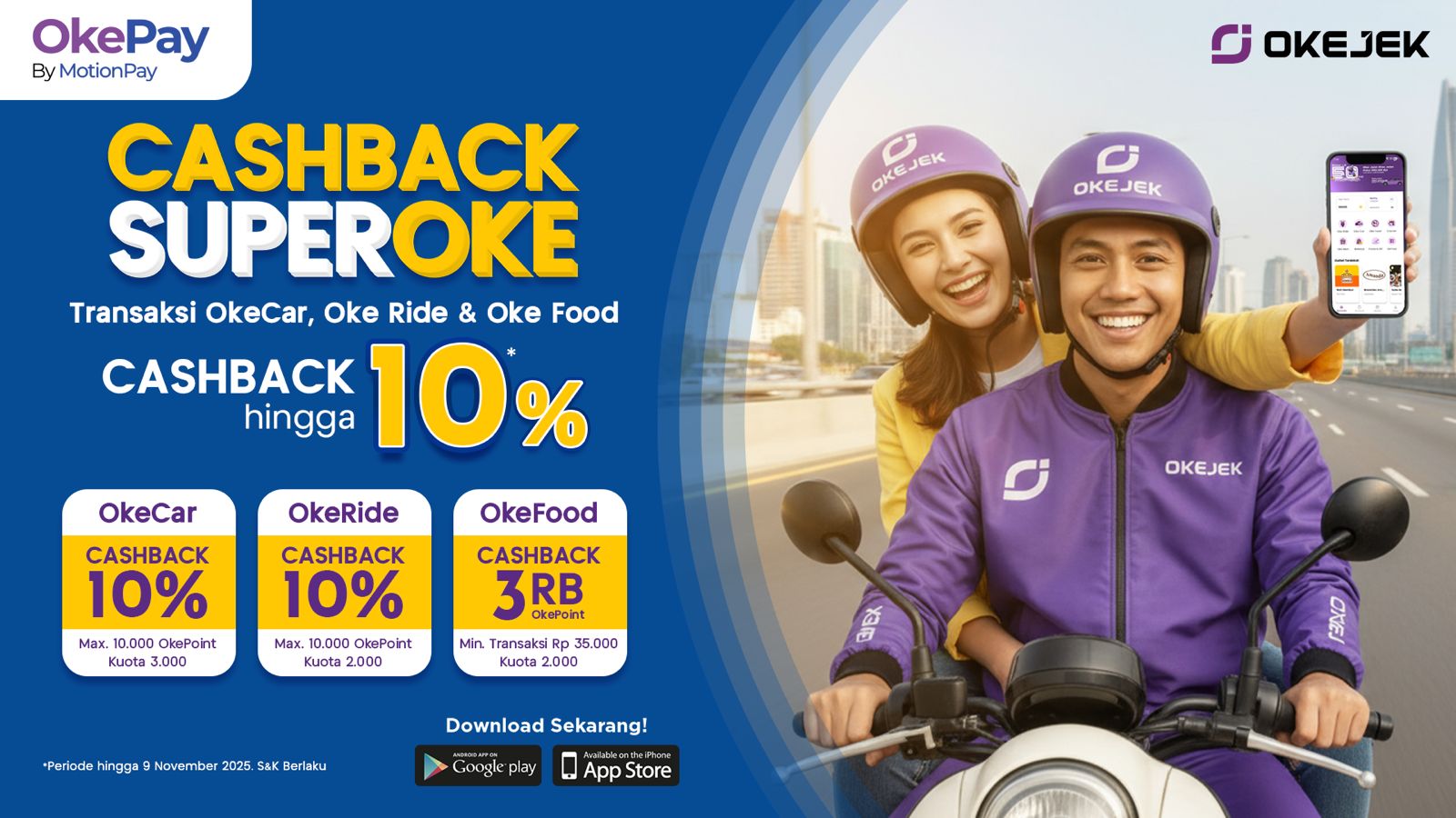 CASHBACK SUPEROKE! Transaksi OkeCar, OkeRide dan OkeFood cashback 10%